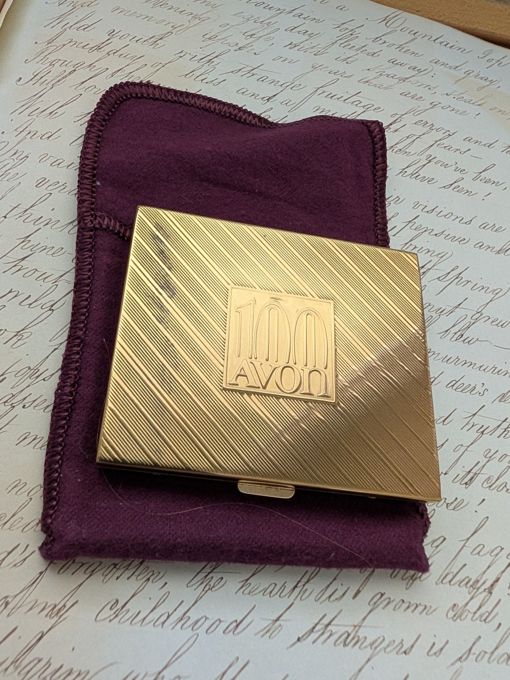 Avon Gold-tone Compact Mirror with Plum Velvet Pouch